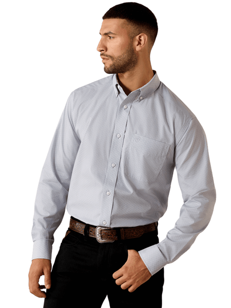 Ariat 10071749 Mens Wrinkle Free Leandro Classic Fit Shirt Abstract Print Silver front view. If you need any assistance with this item or the purchase of this item please call us at five six one seven four eight eight eight zero one Monday through Saturday 10:00a.m EST to 8:00 p.m EST