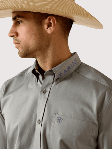 Ariat 10071690 Mens Team Logo Lightweight Twill Fitted Shirt Grey front close up view. If you need any assistance with this item or the purchase of this item please call us at five six one seven four eight eight eight zero one Monday through Saturday 10:00a.m EST to 8:00 p.m EST