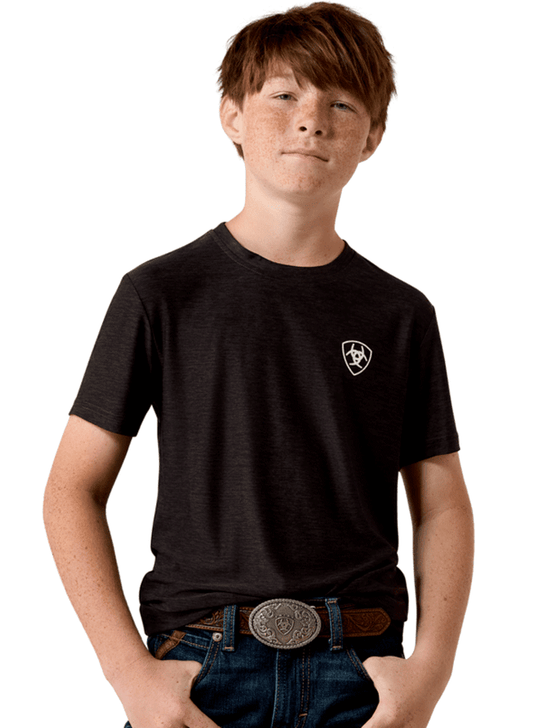 Ariat 10073541 Kids Digi Shield T-Shirt Grey Heather front view. If you need any assistance with this item or the purchase of this item please call us at five six one seven four eight eight eight zero one Monday through Saturday 10:00a.m EST to 8:00 p.m EST