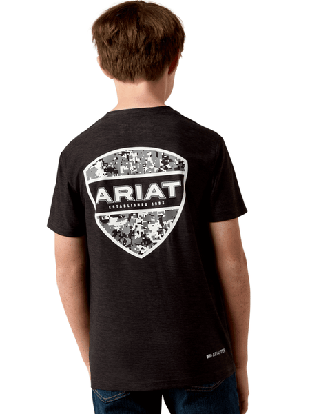Ariat 10073541 Kids Digi Shield T-Shirt Grey Heather back view. If you need any assistance with this item or the purchase of this item please call us at five six one seven four eight eight eight zero one Monday through Saturday 10:00a.m EST to 8:00 p.m EST