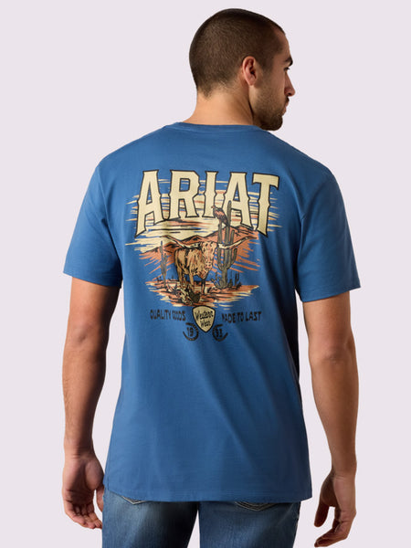 Ariat 10079268 Mens Lone Longhorn T-Shirt Grisalle Blue back view. If you need any assistance with this item or the purchase of this item please call us at five six one seven four eight eight eight zero one Monday through Saturday 10:00a.m EST to 8:00 p.m EST