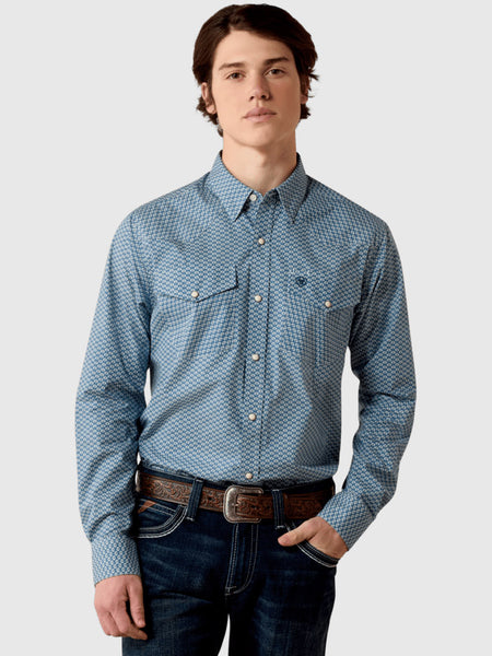 Ariat 10080597 Mens Pheonix Fitted Snap Shirt Blue front view. If you need any assistance with this item or the purchase of this item please call us at five six one seven four eight eight eight zero one Monday through Saturday 10:00a.m EST to 8:00 p.m EST