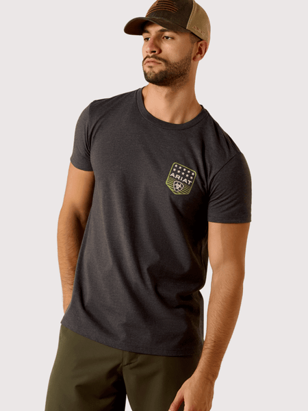 Ariat 10073964 Mens Stripe Patriotic Badge T-Shirt Charcoal Heather front view. If you need any assistance with this item or the purchase of this item please call us at five six one seven four eight eight eight zero one Monday through Saturday 10:00a.m EST to 8:00 p.m EST