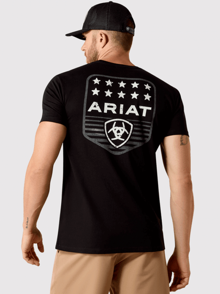 Ariat 10073966 Mens Stripe Patriotic Badge T-Shirt Black back view. If you need any assistance with this item or the purchase of this item please call us at five six one seven four eight eight eight zero one Monday through Saturday 10:00a.m EST to 8:00 p.m EST