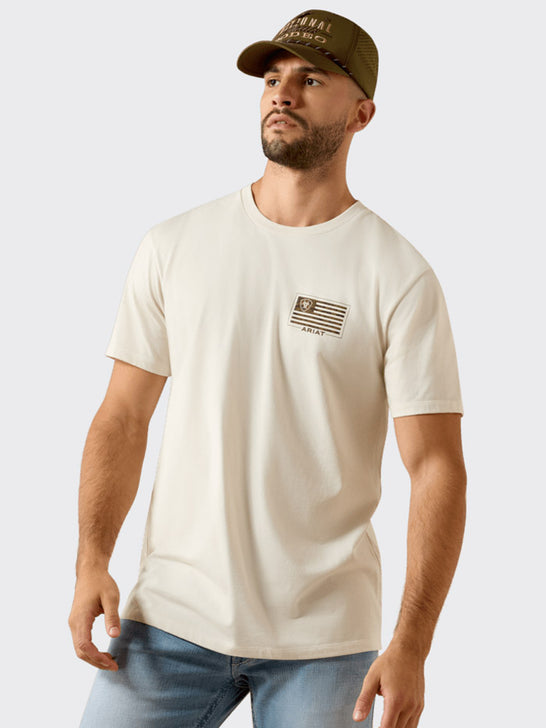 Ariat 10080252 Mens Buckle Flag Patriot T-Shirt Silver Birch front view. If you need any assistance with this item or the purchase of this item please call us at five six one seven four eight eight eight zero one Monday through Saturday 10:00a.m EST to 8:00 p.m EST