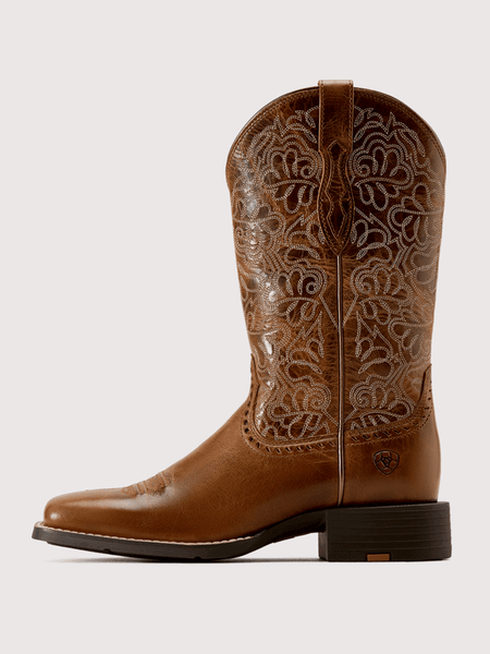 Ariat 10074322 Womens Round Up Remuda Western Boot Aged Tan side view. If you need any assistance with this item or the purchase of this item please call us at five six one seven four eight eight eight zero one Monday through Saturday 10:00a.m EST to 8:00 p.m EST