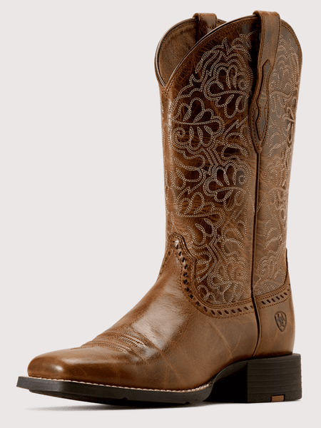Ariat 10074322 Womens Round Up Remuda Western Boot Aged Tan front and side view. If you need any assistance with this item or the purchase of this item please call us at five six one seven four eight eight eight zero one Monday through Saturday 10:00a.m EST to 8:00 p.m EST