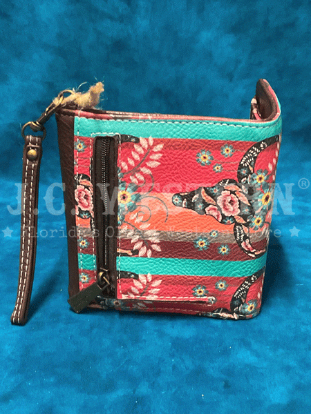 Catchfly 22035626WMUL Womens Steer Head Print Mini Wallet Turquoise And Coral back view sideways. If you need any assistance with this item or the purchase of this item please call us at five six one seven four eight eight eight zero one Monday through Saturday 10:00a.m EST to 8:00 p.m EST