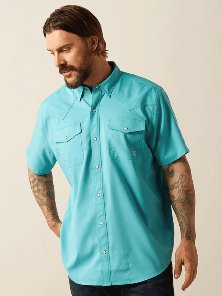 Ariat 10054480 Mens VentTEK Western Fitted Shirt Maui Blue front view. If you need any assistance with this item or the purchase of this item please call us at five six one seven four eight eight eight zero one Monday through Saturday 10:00a.m EST to 8:00 p.m EST