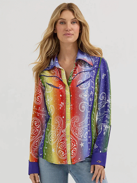 Wrangler 112360593 Womens X Lainey Wilson Rainbow Bandana Western Snap Shirt Multicolor front view. If you need any assistance with this item or the purchase of this item please call us at five six one seven four eight eight eight zero one Monday through Saturday 10:00a.m EST to 8:00 p.m EST