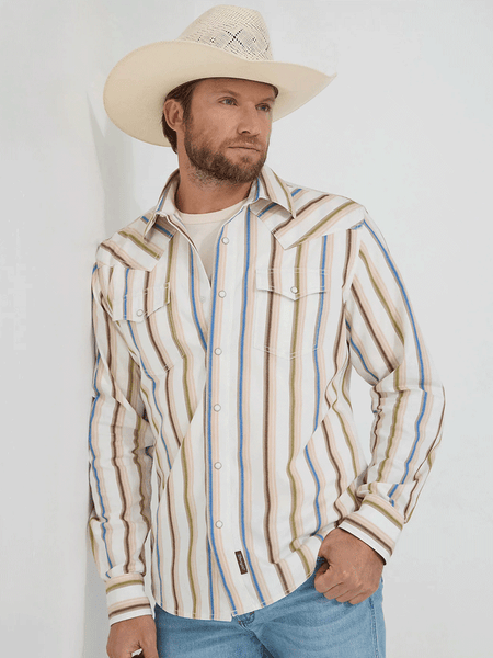 Wrangler 112365630 Mens Retro Premium Stripe Western Snap Shirt Natural front view. If you need any assistance with this item or the purchase of this item please call us at five six one seven four eight eight eight zero one Monday through Saturday 10:00a.m EST to 8:00 p.m EST