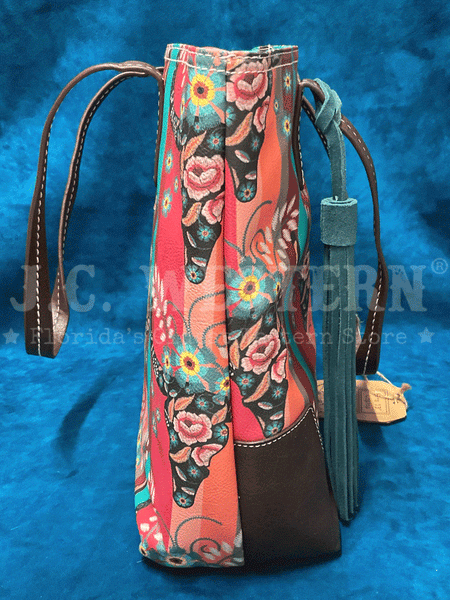 Catchfly 22035600MUL Womens Steer Head Print Tote Bag Turquoise And Coral side view. If you need any assistance with this item or the purchase of this item please call us at five six one seven four eight eight eight zero one Monday through Saturday 10:00a.m EST to 8:00 p.m EST