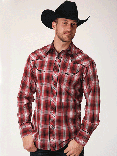 Roper 1-01-086-0139 Mens Long Sleeve Snap Plaid Western Shirt Red front view. If you need any assistance with this item or the purchase of this item please call us at five six one seven four eight eight eight zero one Monday through Saturday 10:00a.m EST to 8:00 p.m EST