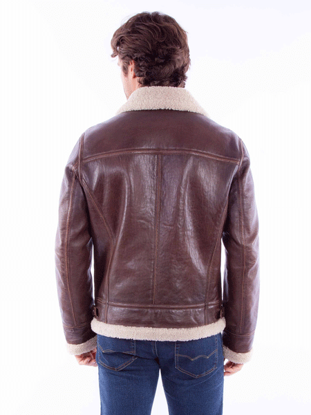 Scully 2049-702 Mens Zip Front Lined Leather Jacket Chocolate back view. If you need any assistance with this item or the purchase of this item please call us at five six one seven four eight eight eight zero one Monday through Saturday 10:00a.m EST to 8:00 p.m EST