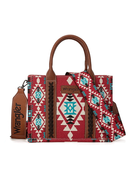 Wrangler WG2203-8120SBDY Womens Southwestern Print Small Canvas Crossbody Tote Burgundy Red front view. If you need any assistance with this item or the purchase of this item please call us at five six one seven four eight eight eight zero one Monday through Saturday 10:00a.m EST to 8:00 p.m EST