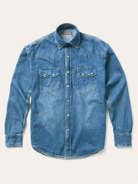 Stetson 11-001-0465-0031 Mens Turquoise Snap Western Shirt Denim front view. If you need any assistance with this item or the purchase of this item please call us at five six one seven four eight eight eight zero one Monday through Saturday 10:00a.m EST to 8:00 p.m EST