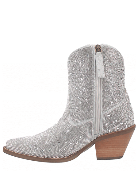 Dingo DI577 Womens Rhinestone Cowgirl Leather Bootie Silver inner side zipper view. If you need any assistance with this item or the purchase of this item please call us at five six one seven four eight eight eight zero one Monday through Saturday 10:00a.m EST to 8:00 p.m EST