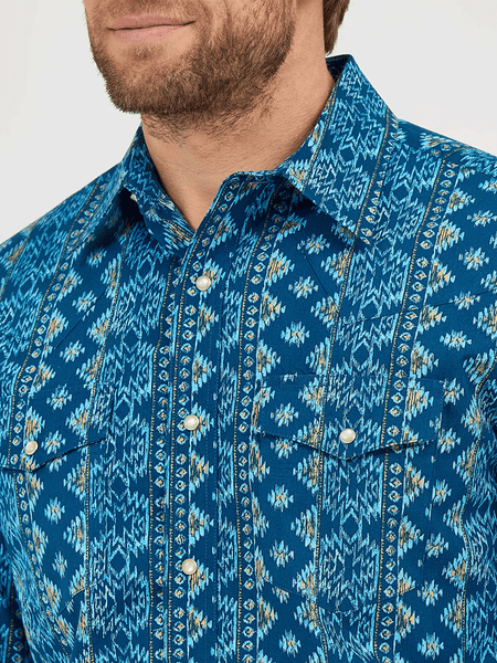 Wrangler 112359440 Mens Checotah Long Sleeve Western Shirt Deep Lake Blue front close up. If you need any assistance with this item or the purchase of this item please call us at five six one seven four eight eight eight zero one Monday through Saturday 10:00a.m EST to 8:00 p.m EST