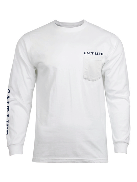 Salt Life SLM10830 Mens Mahi Bound Long Sleeve Pocket Tee White front view. If you need any assistance with this item or the purchase of this item please call us at five six one seven four eight eight eight zero one Monday through Saturday 10:00a.m EST to 8:00 p.m EST