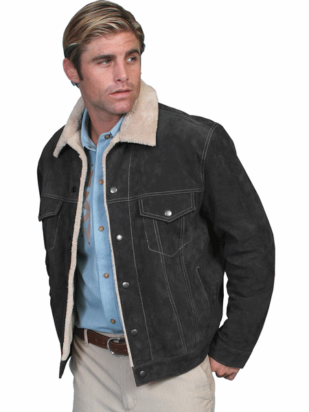 Scully 113-19 Mens Sherpa Lined Boar Suede Western Jacket Black front view. If you need any assistance with this item or the purchase of this item please call us at five six one seven four eight eight eight zero one Monday through Saturday 10:00a.m EST to 8:00 p.m EST