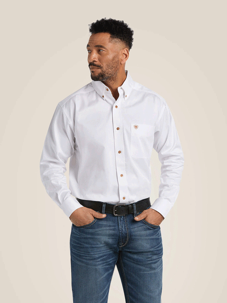Ariat 10000503 Mens Solid Twill Classic Fit Shirt White front view. If you need any assistance with this item or the purchase of this item please call us at five six one seven four eight eight eight zero one Monday through Saturday 10:00a.m EST to 8:00 p.m EST