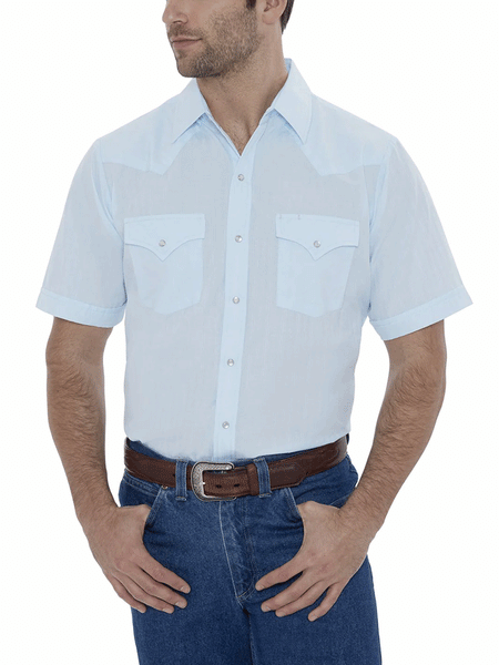 Ely Cattleman 15201634-82 Mens Short Sleeve Tone On Tone Western Shirt Tonal Blue front view tucked in. If you need any assistance with this item or the purchase of this item please call us at five six one seven four eight eight eight zero one Monday through Saturday 10:00a.m EST to 8:00 p.m EST