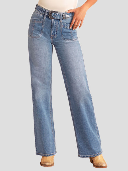 Rock & Roll Denim BW6HD06063 Womens High Rise Belted Relaxed Flare Jeans Medium Wash front view. If you need any assistance with this item or the purchase of this item please call us at five six one seven four eight eight eight zero one Monday through Saturday 10:00a.m EST to 8:00 p.m EST