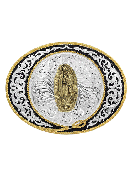 Montana Silversmiths 6190-523 Our Lady Of Guadalupe Ranch Rope Buckle Silver front view. If you need any assistance with this item or the purchase of this item please call us at five six one seven four eight eight eight zero one Monday through Saturday 10:00a.m EST to 8:00 p.m EST