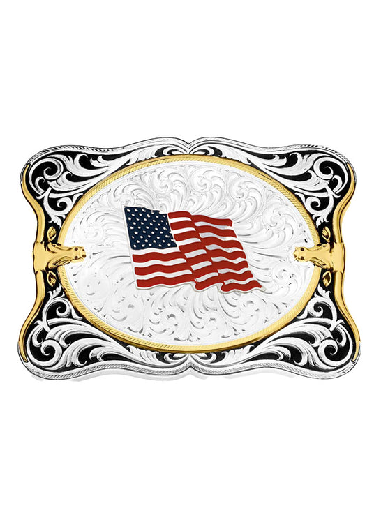 Montana Silversmiths 55610-874L USA Flag Belt Buckle Silver front view. If you need any assistance with this item or the purchase of this item please call us at five six one seven four eight eight eight zero one Monday through Saturday 10:00a.m EST to 8:00 p.m EST