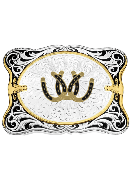 Montana Silversmiths 55610-887 Triple Entwined Horse Shoes Belt Buckle Silver front view. If you need any assistance with this item or the purchase of this item please call us at five six one seven four eight eight eight zero one Monday through Saturday 10:00a.m EST to 8:00 p.m EST
