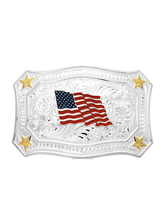 Montana Silversmiths 54510-874L USA Flag Belt Buckle Silver front view. If you need any assistance with this item or the purchase of this item please call us at five six one seven four eight eight eight zero one Monday through Saturday 10:00a.m EST to 8:00 p.m EST