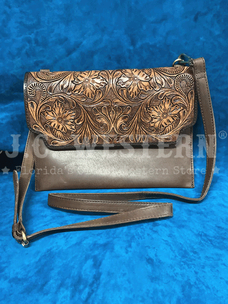 Western Fashion SVK-967 Oil Calf Hand Tooled Handbag Brown front view. If you need any assistance with this item or the purchase of this item please call us at five six one seven four eight eight eight zero one Monday through Saturday 10:00a.m EST to 8:00 p.m EST