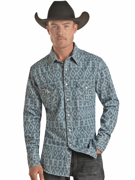 Rock & Roll Denim BMN2S02671 Mens Aztec Print Long Sleeve Western Shirt Blue front view. If you need any assistance with this item or the purchase of this item please call us at five six one seven four eight eight eight zero one Monday through Saturday 10:00a.m EST to 8:00 p.m EST
