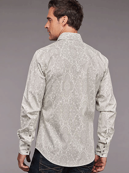 Stetson 11-001-0425-5029 Mens Silver Filigree Print Western Shirt Grey back view. If you need any assistance with this item or the purchase of this item please call us at five six one seven four eight eight eight zero one Monday through Saturday 10:00a.m EST to 8:00 p.m EST