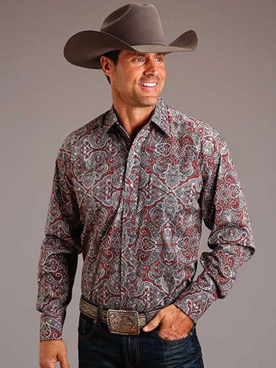 Stetson 11-001-0425-0366 Mens Medallion Paisley Western Shirt Wine Burgundy front view. If you need any assistance with this item or the purchase of this item please call us at five six one seven four eight eight eight zero one Monday through Saturday 10:00a.m EST to 8:00 p.m EST