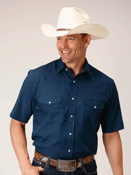 Roper 01-002-0025-0512 Mens Short Sleeve Solid Broadcloth Western Shirt Navy front. If you need any assistance with this item or the purchase of this item please call us at five six one seven four eight eight eight zero one Monday through Saturday 10:00a.m EST to 8:00 p.m EST