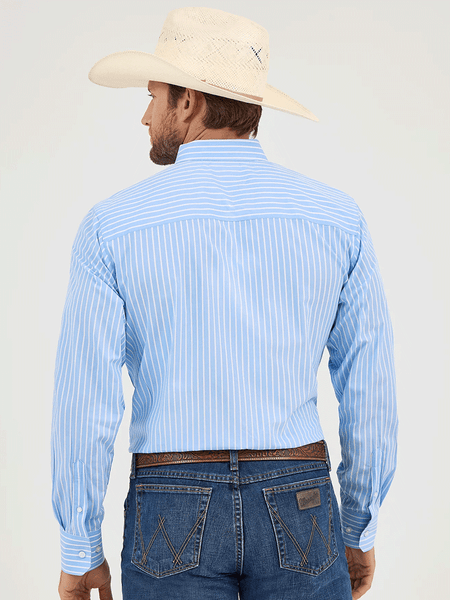 Wrangler 112365617 Mens Cody Johnson Button Down Stripe Shirt Powder Blue back view. If you need any assistance with this item or the purchase of this item please call us at five six one seven four eight eight eight zero one Monday through Saturday 10:00a.m EST to 8:00 p.m EST