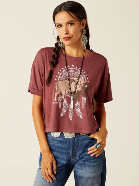 Ariat 10051310 Womens Buffalo Territory T-Shirt Wild Ginger Burgundy front view. If you need any assistance with this item or the purchase of this item please call us at five six one seven four eight eight eight zero one Monday through Saturday 10:00a.m EST to 8:00 p.m EST