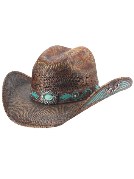 Bullhide MUSIC CITY 5107 Western Straw Hat Pecan Distressed side / front view. If you need any assistance with this item or the purchase of this item please call us at five six one seven four eight eight eight zero one Monday through Saturday 10:00a.m EST to 8:00 p.m EST