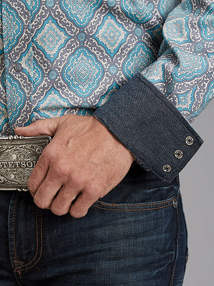 Stetson 11-001-0425-2057 Mens Medallion Print Western Shirt Turquoise contrast cuff close up view. If you need any assistance with this item or the purchase of this item please call us at five six one seven four eight eight eight zero one Monday through Saturday 10:00a.m EST to 8:00 p.m EST