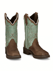 Justin GY2904 Womens RAYA Water Buffalo Western Boot Distressed Brown front view of pair. If you need any assistance with this item or the purchase of this item please call us at five six one seven four eight eight eight zero one Monday through Saturday 10:00a.m EST to 8:00 p.m EST
