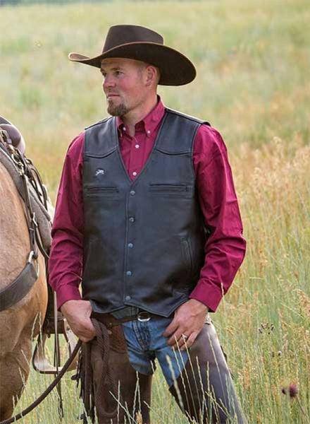 Wyoming Traders DROVER Mens Concealed Carry Leather Vest Black front view on model. If you need any assistance with this item or the purchase of this item please call us at five six one seven four eight eight eight zero one Monday through Saturday 10:00a.m EST to 8:00 p.m EST