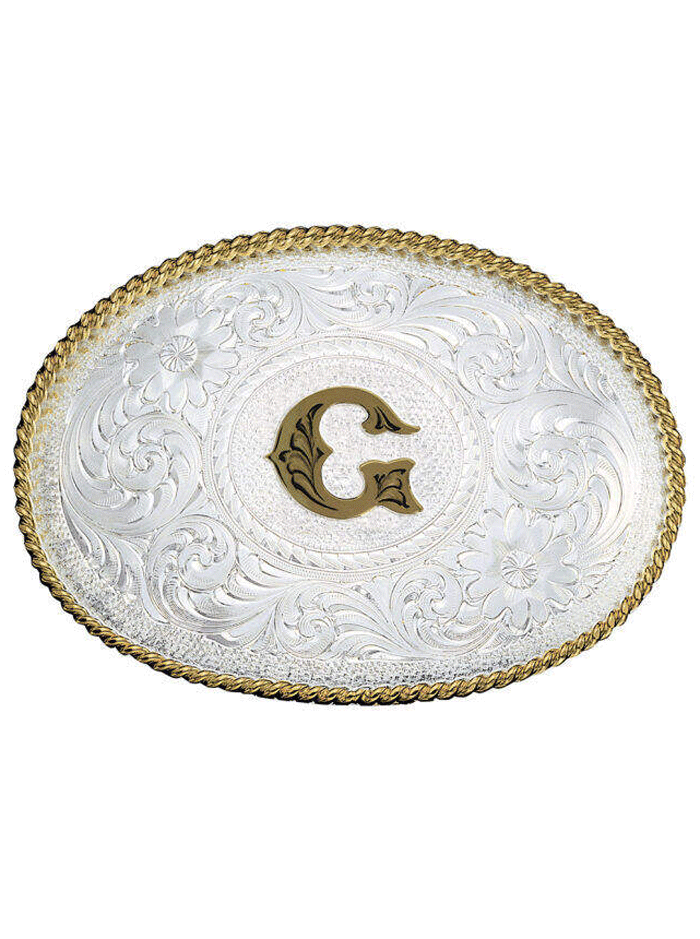 Montana Silversmiths 700 Initial Silver Engraved Gold Trim Western Belt Buckle ABC Letter front view. If you need any assistance with this item or the purchase of this item please call us at five six one seven four eight eight eight zero one Monday through Saturday 10:00a.m EST to 8:00 p.m EST