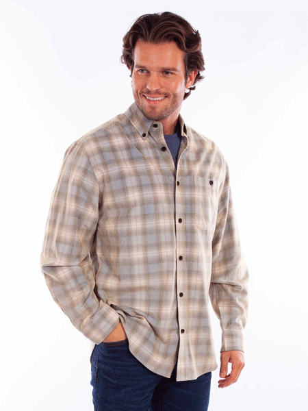 Scully 5358-BTN Mens Corduroy Long Sleeve Plaid Shirt Blue Tan front view. If you need any assistance with this item or the purchase of this item please call us at five six one seven four eight eight eight zero one Monday through Saturday 10:00a.m EST to 8:00 p.m EST