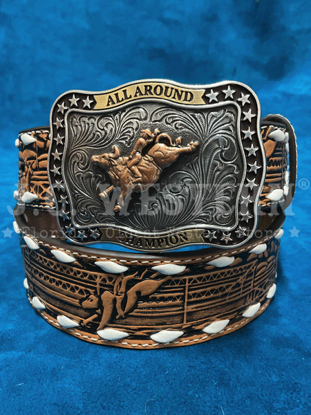3D D120002908 Kids Floral Embossed White Lacing Belt Tan front view. If you need any assistance with this item or the purchase of this item please call us at five six one seven four eight eight eight zero one Monday through Saturday 10:00a.m EST to 8:00 p.m EST