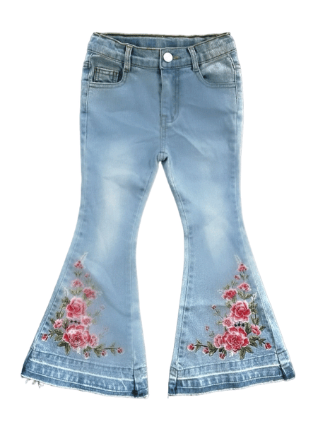 Shea Baby SBD12 Kids Floral Denim Flare Jeans Light Blue front view of toddler size. If you need any assistance with this item or the purchase of this item please call us at five six one seven four eight eight eight zero one Monday through Saturday 10:00a.m EST to 8:00 p.m EST