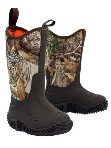 Muck KBH-RTE Kids HALE Outdoors Multi Season Boot Brown Real Tree outer side / front and inner side view pair. If you need any assistance with this item or the purchase of this item please call us at five six one seven four eight eight eight zero one Monday through Saturday 10:00a.m EST to 8:00 p.m EST