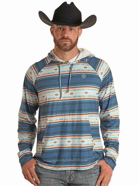 Rock & Roll Denim BM94T03004 Mens Aztec Printed Performance Hoodie Blue front view. If you need any assistance with this item or the purchase of this item please call us at five six one seven four eight eight eight zero one Monday through Saturday 10:00a.m EST to 8:00 p.m EST