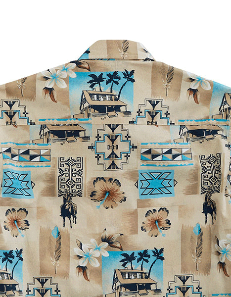 Tin Haul 10-001-0064-0217 Mens Long Sleeve Tiki Print Shirt Tan back view. If you need any assistance with this item or the purchase of this item please call us at five six one seven four eight eight eight zero one Monday through Saturday 10:00a.m EST to 8:00 p.m EST