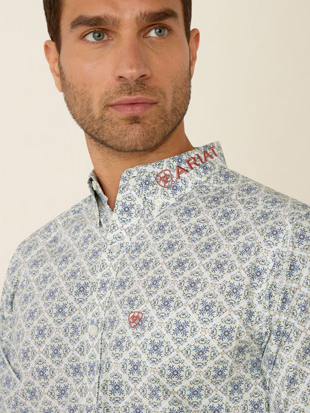 Ariat 10054729 Mens Team Prestley Fitted Shirt Blue And Orange front close up. If you need any assistance with this item or the purchase of this item please call us at five six one seven four eight eight eight zero one Monday through Saturday 10:00a.m EST to 8:00 p.m EST